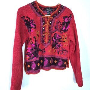 Carole Little Mohair Blend Red Asian Aesthetic Sweater Size L